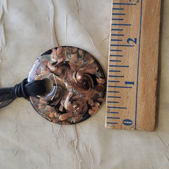 Vintage Hand Blown Glass Pendant Necklace, Sparkling Brown Gold Black Bronze. - Picture 8 of 9